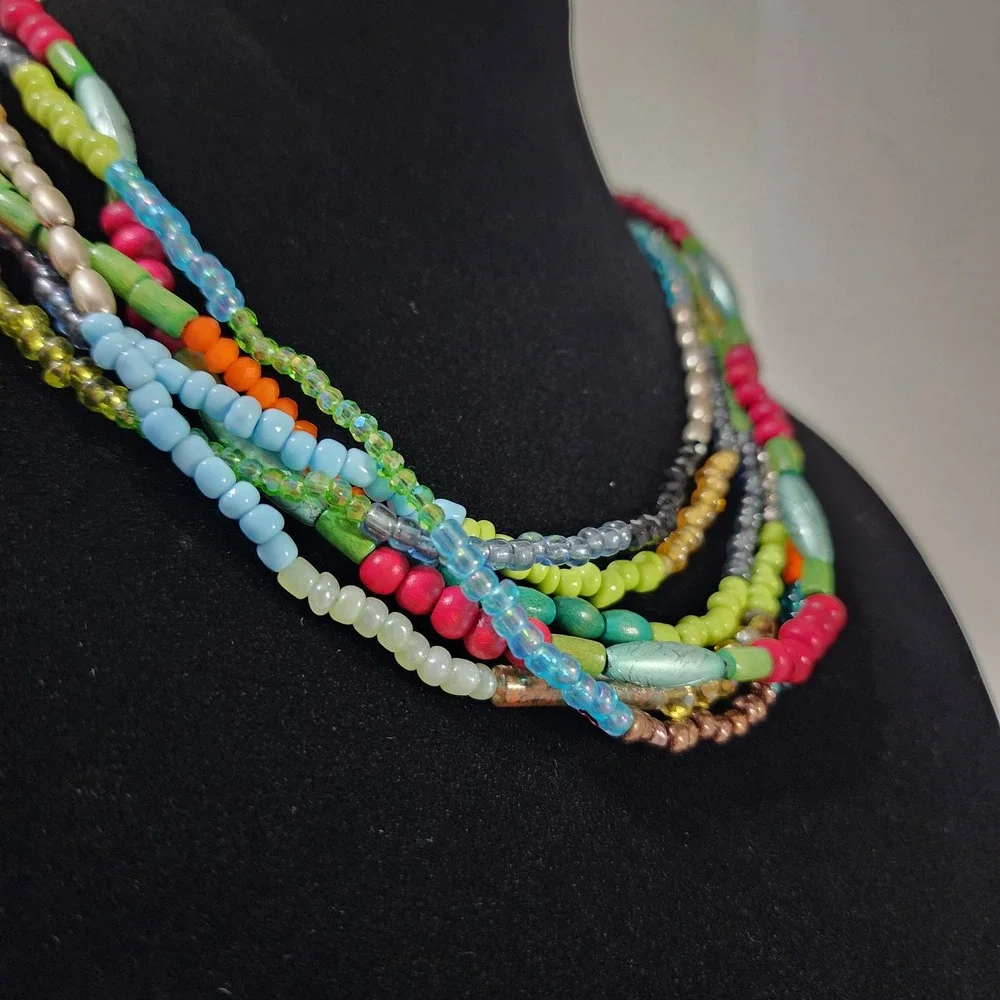 Boho Multi Strand Beaded Necklace Colorful Glass Wood Layered Bib Statement